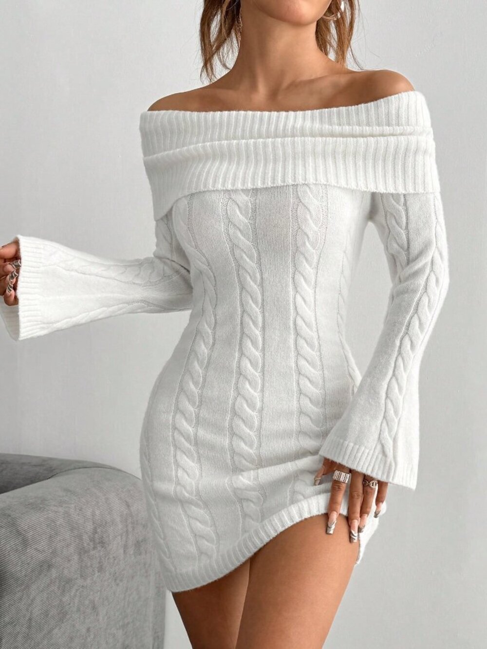 White Elegant Women's Off-Shoulder Long Sleeve Cable Knitted Bodycon Midi Dress
